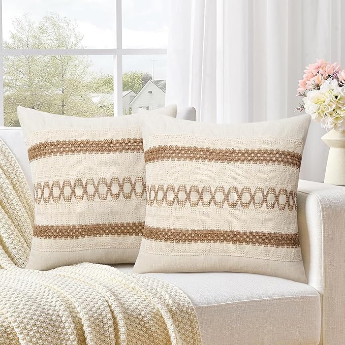 Pyonic Pack of 2 Boho Throw Pillow Covers 18x18 Inch Farmhouse Decorative Throw by PyonicThrowPillowCovers