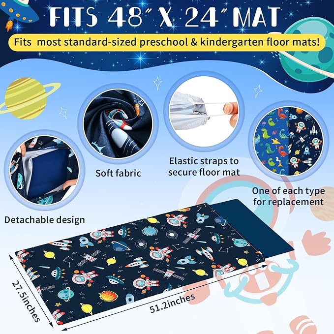 2 Pcs Dinosaurs Nap Mat Cover for Boys Girls Sewn in Flap Design Blue Sleeping - Image 2