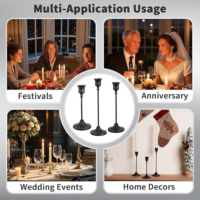 CHILL RECIPE Black Candlestick Holder Tall Taper Candle Holder for Home Decor Table Centerpiece Party Festival Decorations Halloween Decoration (4 Set 12Pcs)