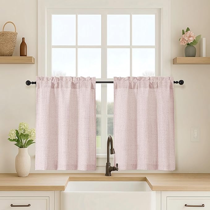 OVZME Blush Pink Cafe Curtains 30 Inch Length, Light Filtering Faux Linen by OVZME