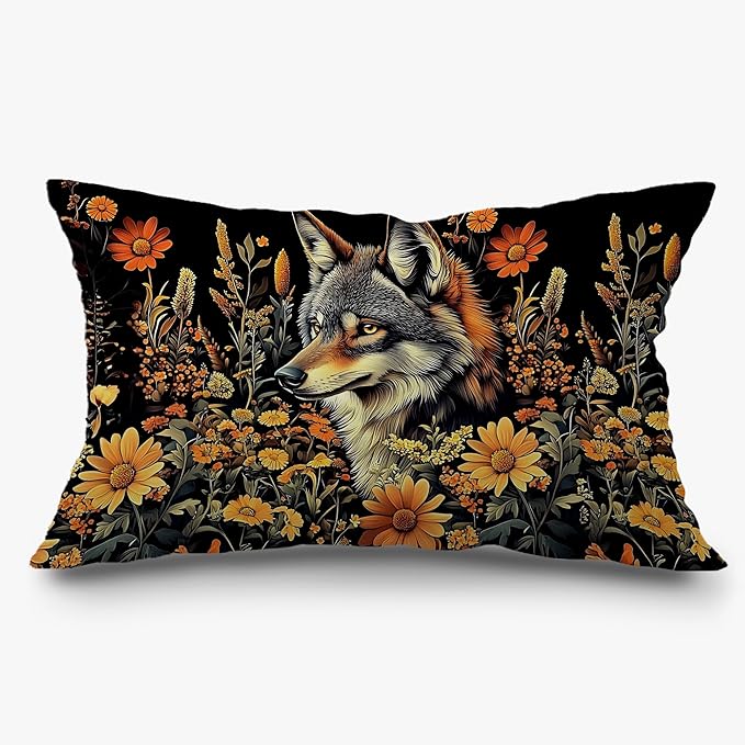 Moody Floral Wolf Pillow Covers 12x20, Dark Academia Room Decor, Dark by Exqcom