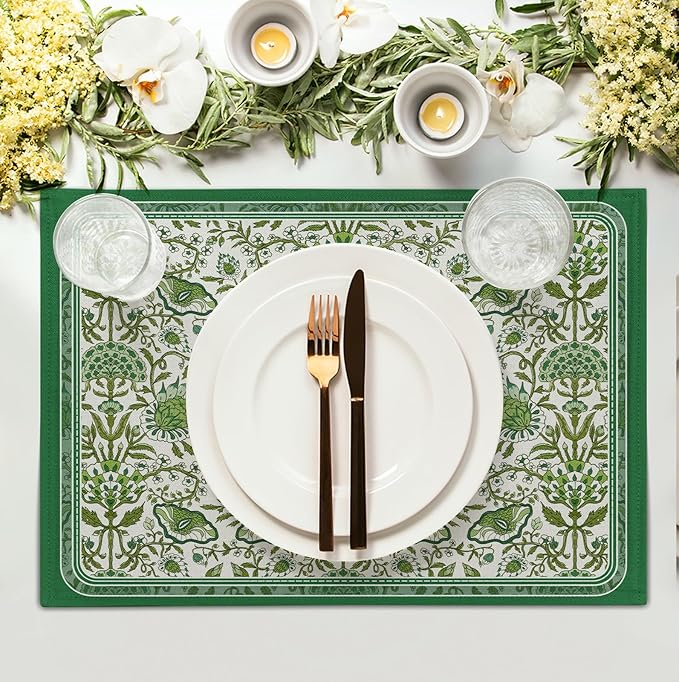 Green Floral Boho Placemats Set of 4, 12x18 Inch Vintage Chinoiserie Block - Image 2