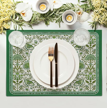 Green Floral Boho Placemats Set of 4, 12x18 Inch Vintage Chinoiserie Block - Image 2