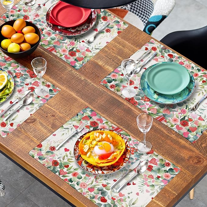 Valentines Eucalyptus Leave Placemats Set of 4, 12x18 Inch Valentine Heart Rose - Image 4
