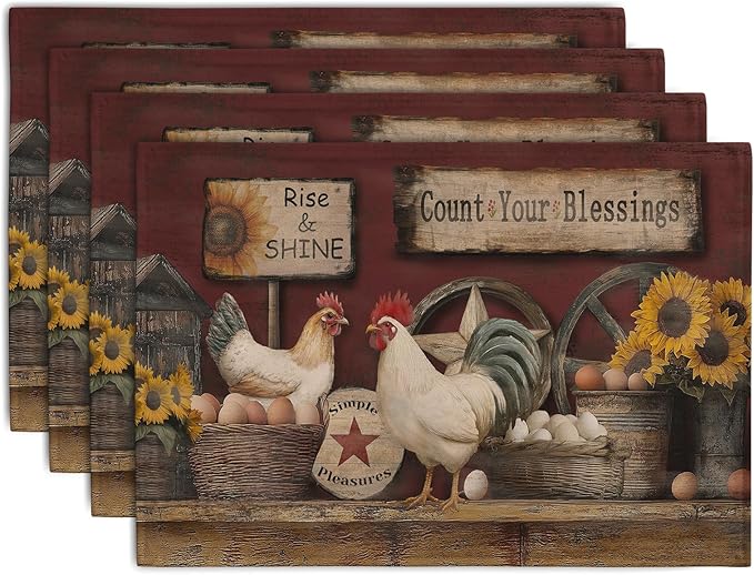Farmhouse Rooster Placemats Set of 4 Farm Animal Chicken Place Mats 12x18 Inch by Wnoesat