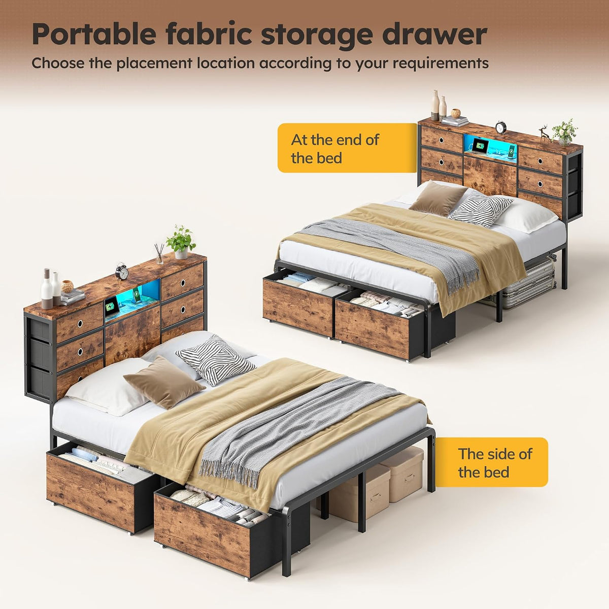 homkdom full size bed frame with 8 drawers showing dimensions