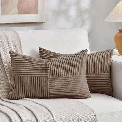 Fancy Homi Set of 2, Light Brown Patchwork Corduroy Decorative Soft Striped by Fancy+Homi