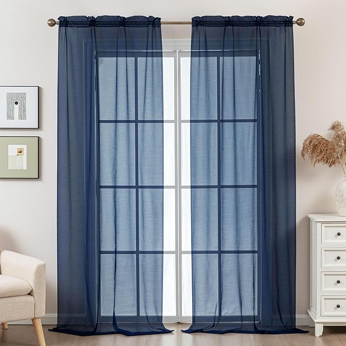 Navy Blue Sheer Curtains 96 Inches Long, Privacy Semi Sheer Curtains - Image 2