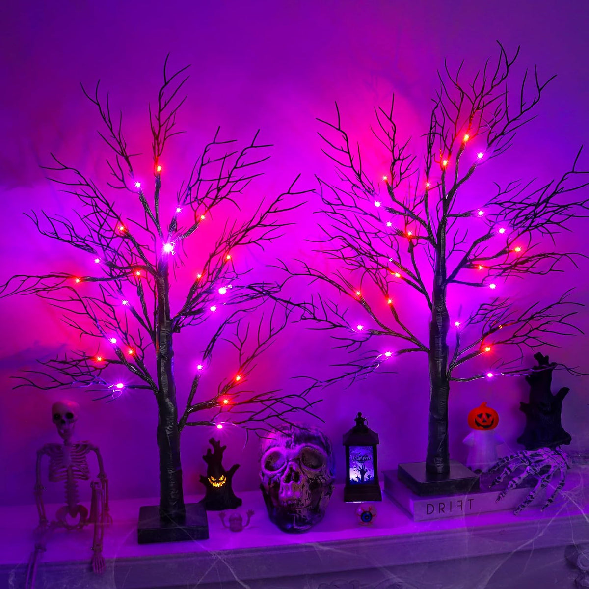 Halloween Decorations Indoor 2 Pack 24 Inch Black Halloween Tree with 48 Orange & Purple Lights, USB or Battery Operated Halloween Table Decorations Lighted Tabletop Spooky Tree Home Decor Office