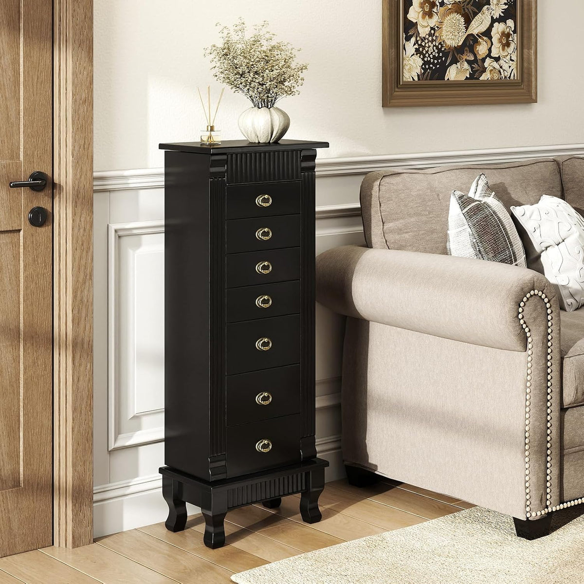 giantex standing jewelry cabinet with 7 drawers, flip-top, side view