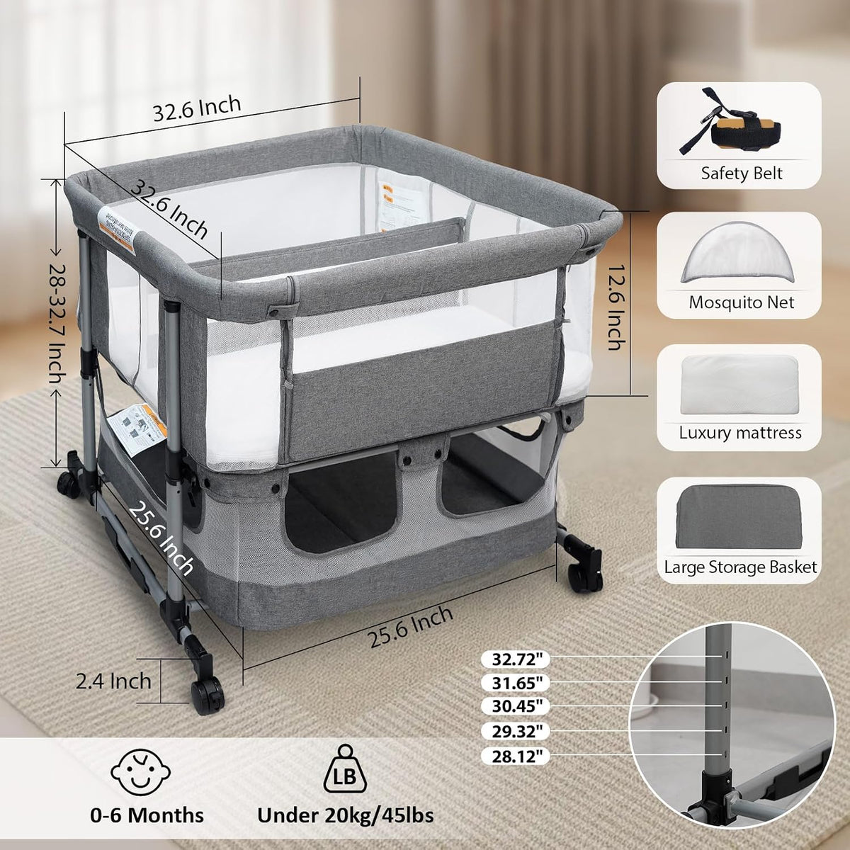 twin bassinet for 2 babies, rocking double bassinet, side view