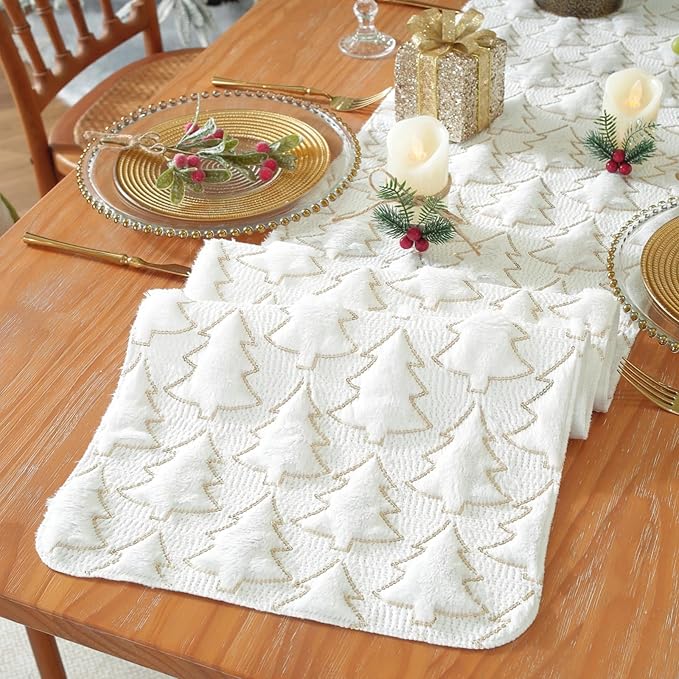 Christmas Trees White Soft Plush Faux Fur Jacquard Gold Sequin Glitter - Image 4