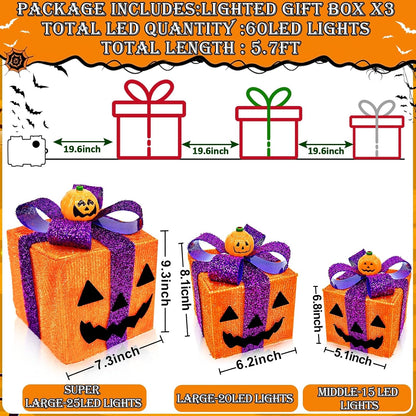 [ 8 Modes & Timer ] 3 Pack Halloween Decorations Lighted Pumpkin Gift Box