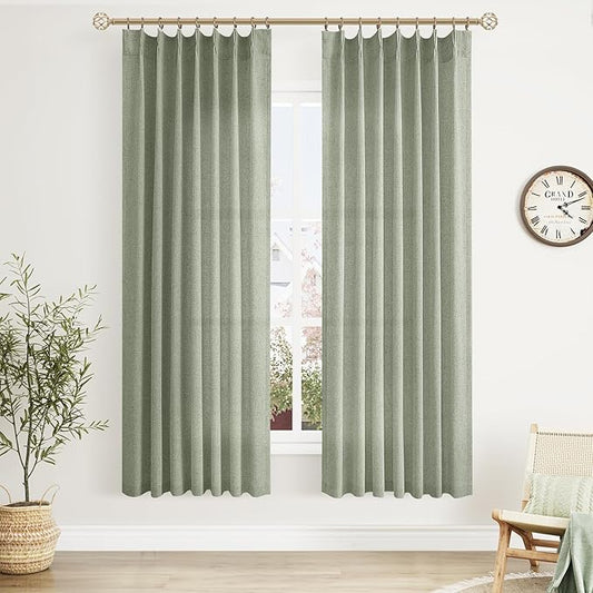 Sage Green Pinch Pleated Linen Curtains 72 Inch Length 2 Panels by Aersas