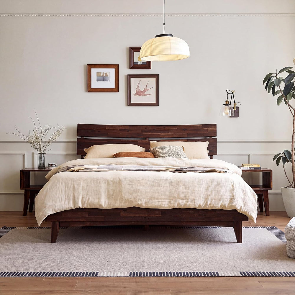 Aurora Acacia Solid Wood Queen Platform Bed Frame with Headboard, Chocolate