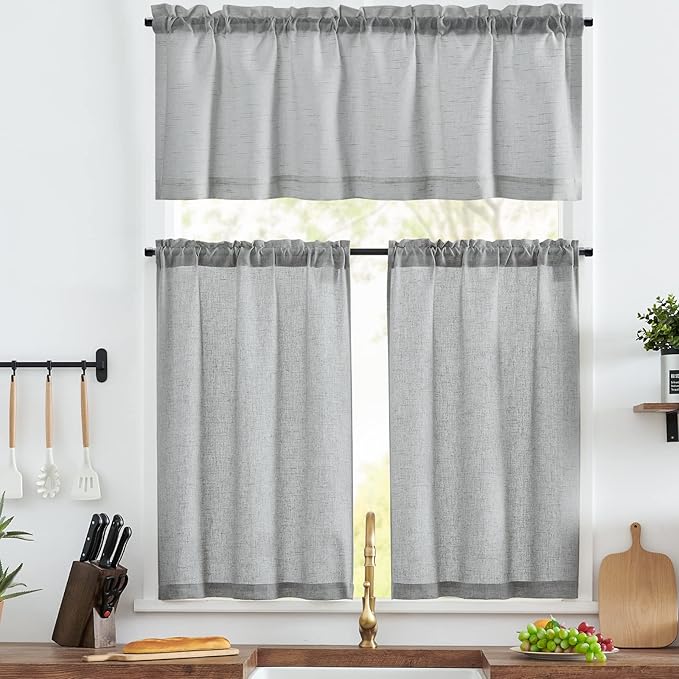 jinchan Grey Kitchen Curtains and Valances Set 3 Pieces Linen Tiers and Valance by JINCHAN