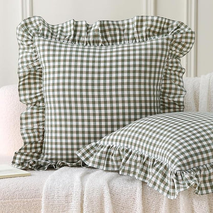 Aryeleay 2 Pack Sage Green White and Brown Plaid Gingham Ruffle Pillow Shams by Aryeleay