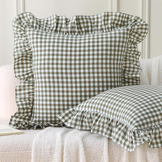 Aryeleay 2 Pack Sage Green White and Brown Plaid Gingham Ruffle Pillow Shams by Aryeleay