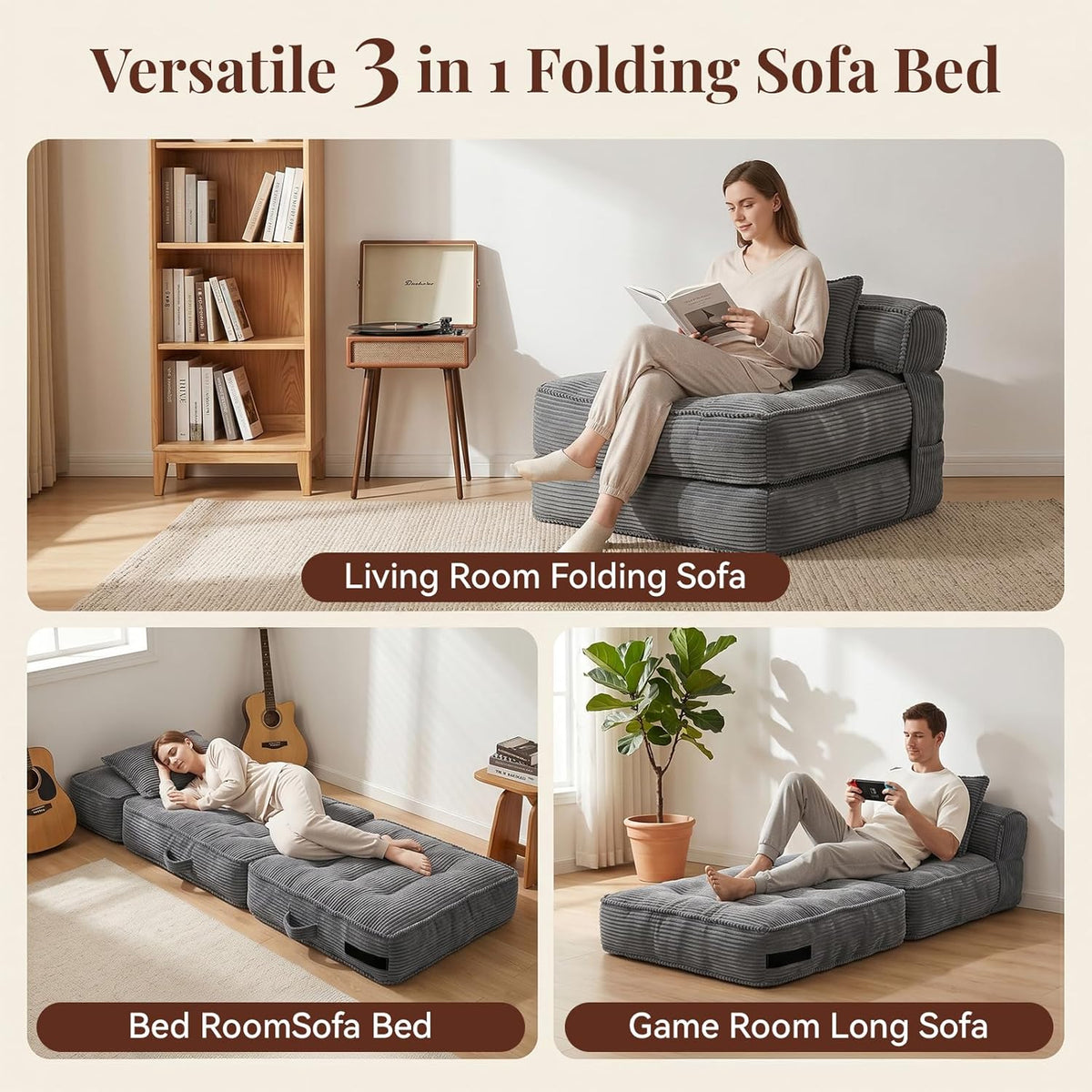 folding sofa bed, convertible sleeper chair with pillow(grey), close-up detail