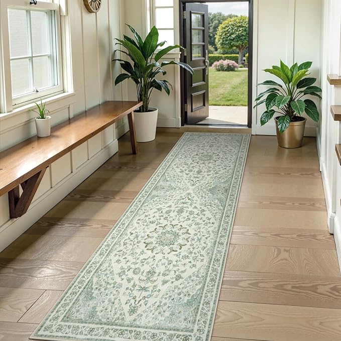 Moynesa Green 2.5x8 Hallway Runner Rugs, Vintage Floral Print Washable Runner - Image 7