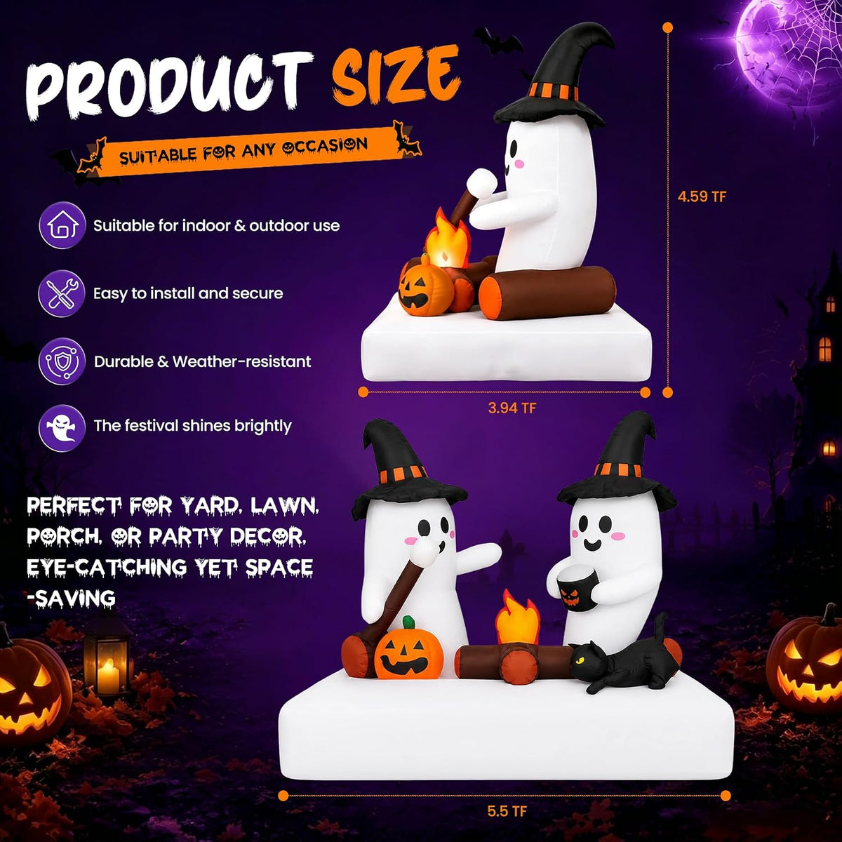 Halloween Inflatables Outdoor Decorations, 5.5FT Blow Up Yard Decorations Twin Ghosts with Campfire Pumpkin Black Cat, Built-in LED Lights, 7 Stakes 3 Hooks for Lawn Porch Party