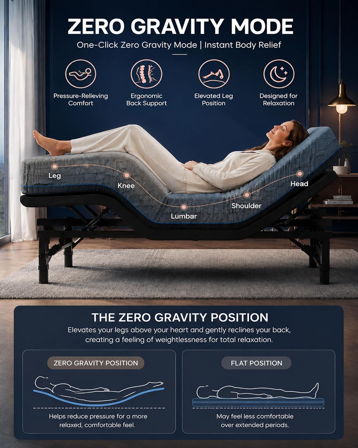 marsail twin xl adjustable bed frame,electric base head, side view