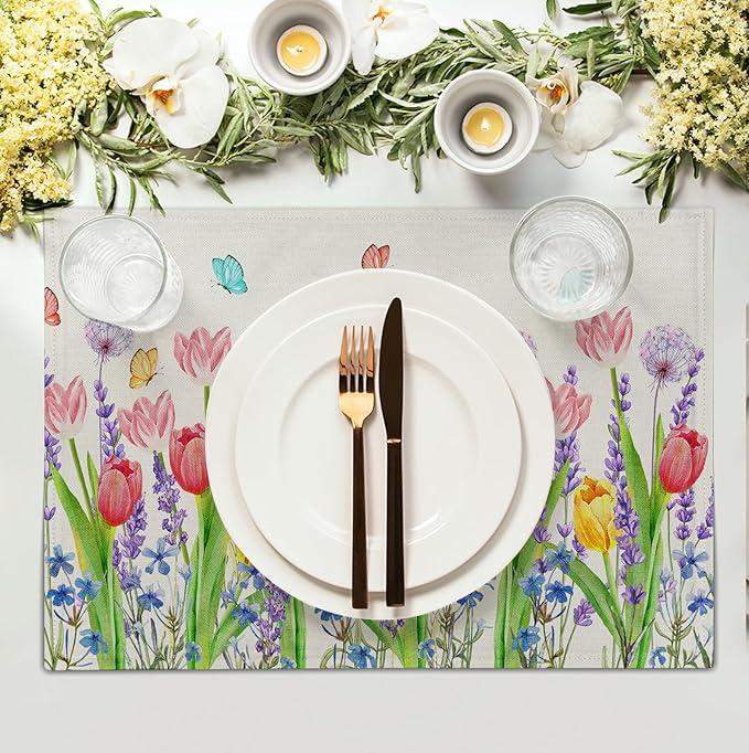 Tulip Placemats Set of 4 Spring Summer Flowers Tulips Lavender Place Mats - Image 3