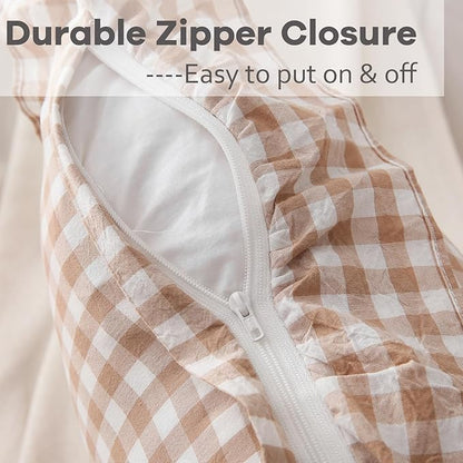 2 Pack Taupe White Plaid Ruffle Gingham Throw Pillow Covers, 100% Washed Cotton - Image 4