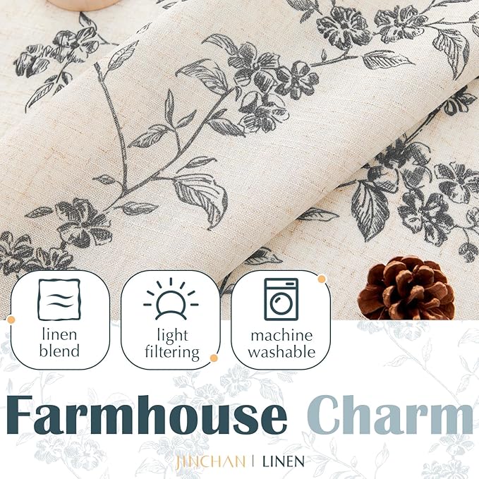 jinchan Floral Kitchen Curtains 24 Inch Linen Tier Curtains Farmhouse Cafe Half - Image 5