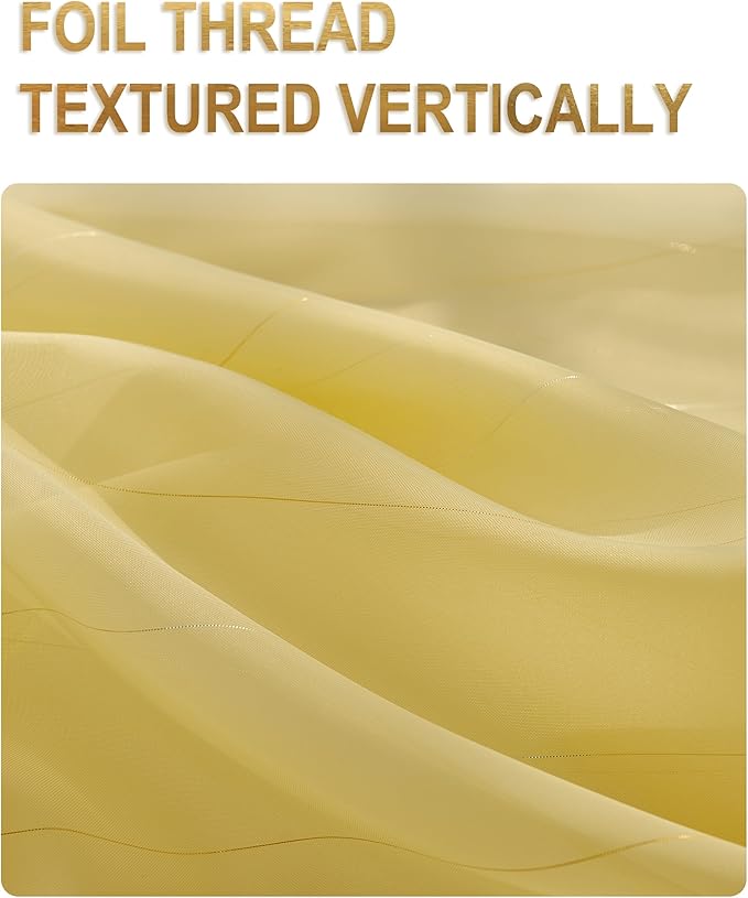 Foil Stripe Mustard Yellow Sheer Curtains 84 inches Length 2 Panels - Image 2