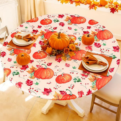 Round Spandex Thanksgiving Tablecloth, Elastic Fitted Waterproof Tablecloths by Moosfor