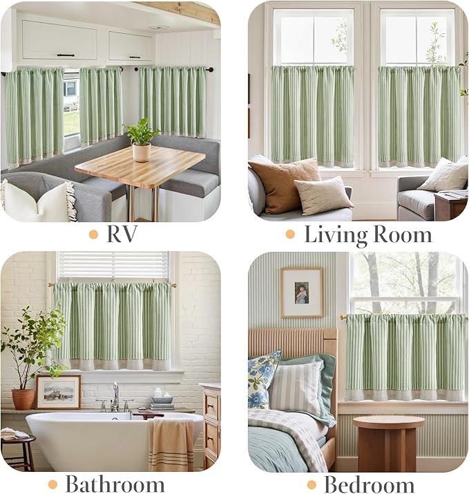 jinchan Double Layer Striped Linen Kitchen Tier Curtain Rustic Cafe - Image 5