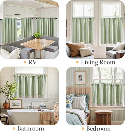 jinchan Double Layer Striped Linen Kitchen Tier Curtain Rustic Cafe - Image 5