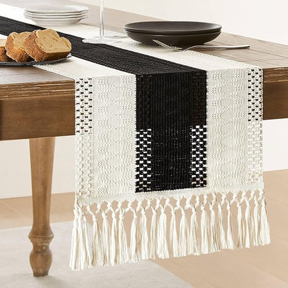 ZeeMart Macrame Style Bicolor Stitching Table Runner, 14 x 48 Inch Black/Ivory by ZEEMARTONLINE