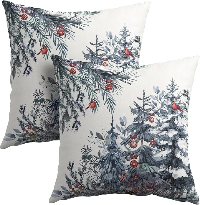 Christmas Tree Throw Pillow Covers 16x16 Inch Set of 2 Winter Watercolor Blue by Granbey