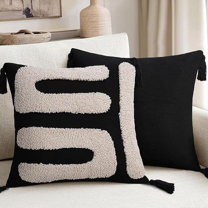 Adabana Black and Beige Pillow Covers 18x18 Decorative Tufted Abstract Throw - Image 3