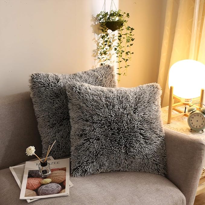 XeGe 2 Pieces Faux Fur Throw Pillow Covers, Shaggy Fluffy Cushion Covers by XeGe