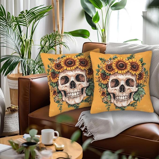 Sugar Skull Throw Pillow Covers 18x18 Set of 2 | Decorative Cushion Cases - Image 2
