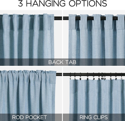 blue linen textured 96 inch curtains 2 panel, close-up detail