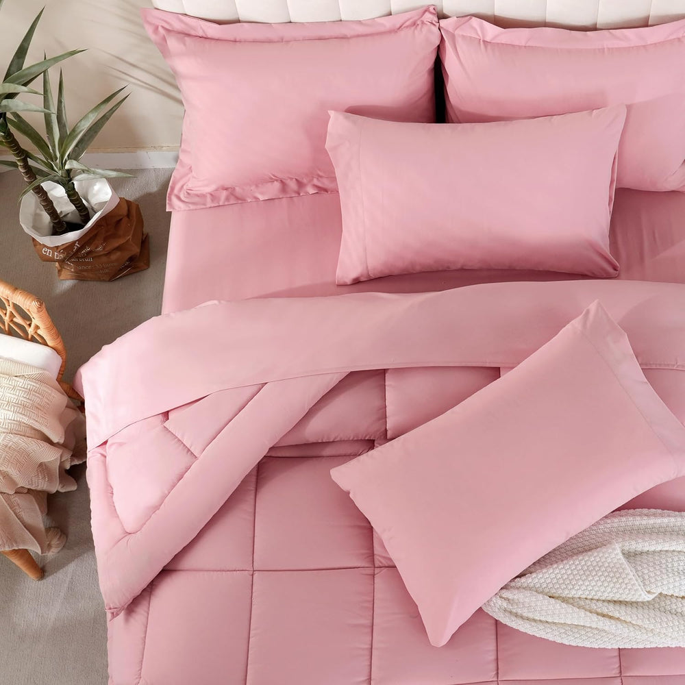 DOWNCOOL Full Size Comforter Sets, 7Pcs Full Size Bedding Sets Pink, All Seas...