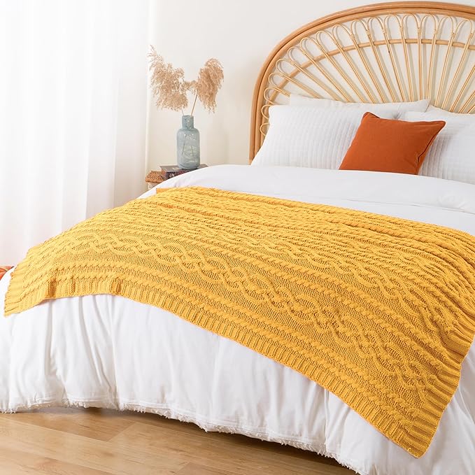 Battilo Mustard Yellow Throw Blanket 51"x67" Chenille Knitted Throw Blanket - Image 6