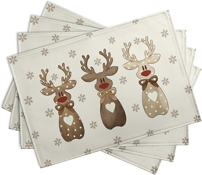 Christmas Reindeer Snowflakes Placemats Set of 4 Xmas Cute Elk Deer Place Mats - Image 2