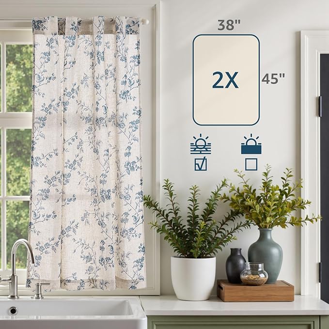 jinchan Floral Kitchen Curtains 45 Inch Linen Tier Curtains Farmhouse Cafe Half - Image 7