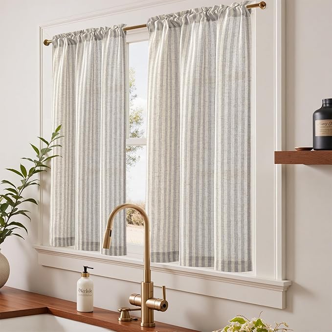 jinchan Striped Linen Kitchen Curtains 45 Inches Tier Curtains Farmhouse Modern - Image 2