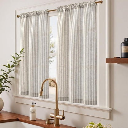 jinchan Striped Linen Kitchen Curtains 45 Inches Tier Curtains Farmhouse Modern - Image 2