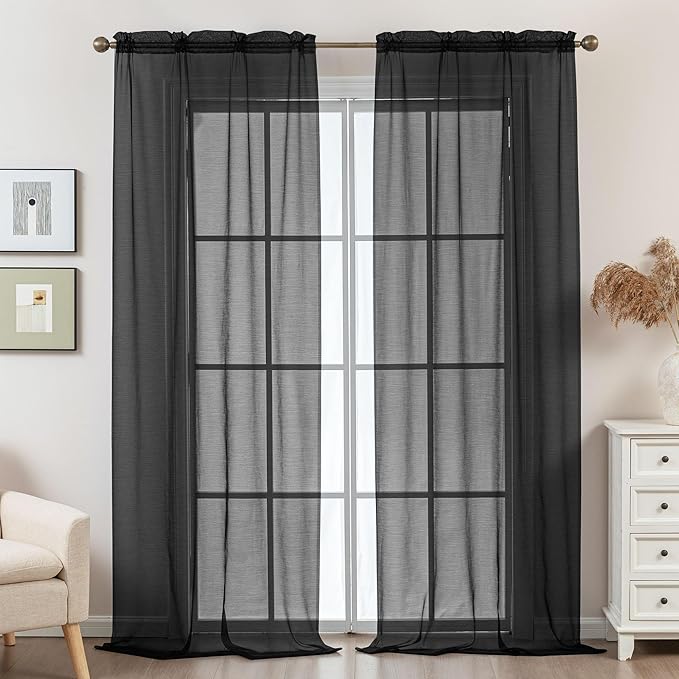Black Sheer Curtains 96 Inches Long, Privacy Semi Sheer Curtains - Image 2