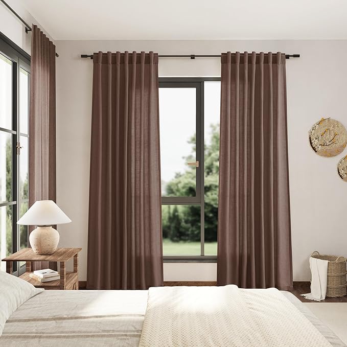 Mocha Mousse Linen Textured Semi Sheer Curtains 96 Inch Long 2 Panel Set Back - Image 7