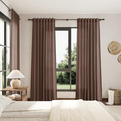 Mocha Mousse Linen Textured Semi Sheer Curtains 96 Inch Long 2 Panel Set Back - Image 7