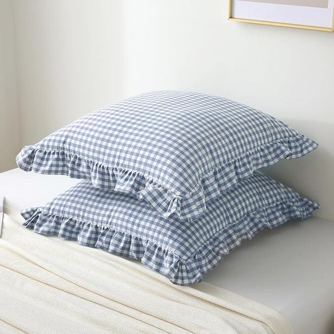 2PACK Dusty Blue White Plaid Gingham Euro Pillow Shams, 100% Washed Cotton - Image 2