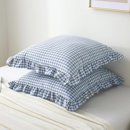 2PACK Dusty Blue White Plaid Gingham Euro Pillow Shams, 100% Washed Cotton - Image 2